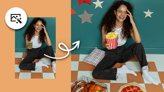 an original photo of a girl holding a drink at left and an AI replaced photo of the drink being replaced with popcorn and add pizza and fried chicken at the ground